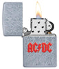 AC/DC Lightning Logo Windproof Lighter with its lid open and lit
