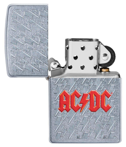 AC/DC Lightning Logo Windproof Lighter with its lid open and not lit