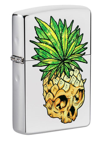 Front shot of Leaf Skull Pineapple Design Windproof Lighter standing at a 3/4 angle