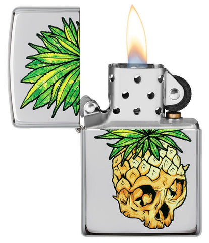 Leaf Skull Pineapple Design Windproof Lighter with its lid open and lit