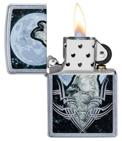 Howling Wolf Design Windproof Lighter with its lid open and lit