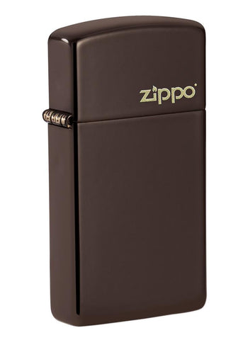 Front shot of Slim Brown Zippo Logo Windproof Lighter standing at a 3/4 angle