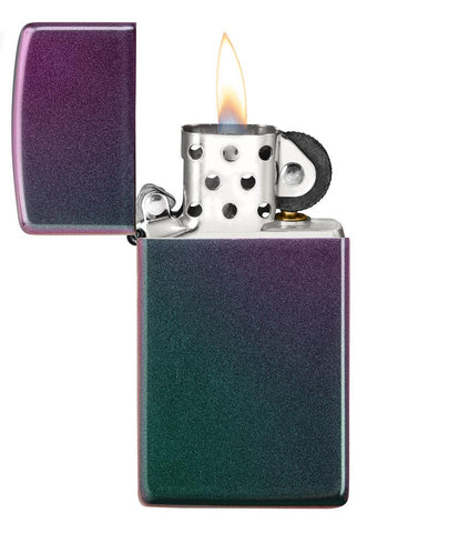 Slim Iridescent Windproof Lighter with its lid open and lit