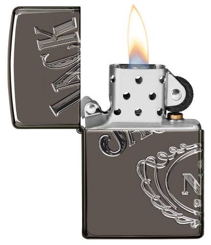 Jack Daniel's® Armor® High Polish Black Ice® Windproof Lighter with its lid open and lit
