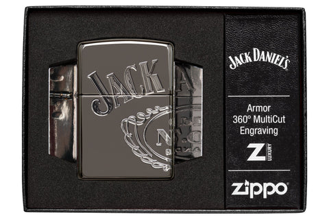 Jack Daniel's® Armor® High Polish Black Ice® Windproof Lighter int its luxury packaging