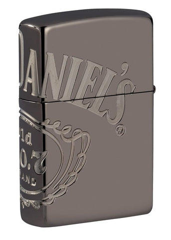 Back shot of Jack Daniel's® Armor® High Polish Black Ice® Windproof Lighter standing at a 3/4 angle
