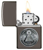 Dollar Design Black Ice Windproof Lighter with its lid open and lit