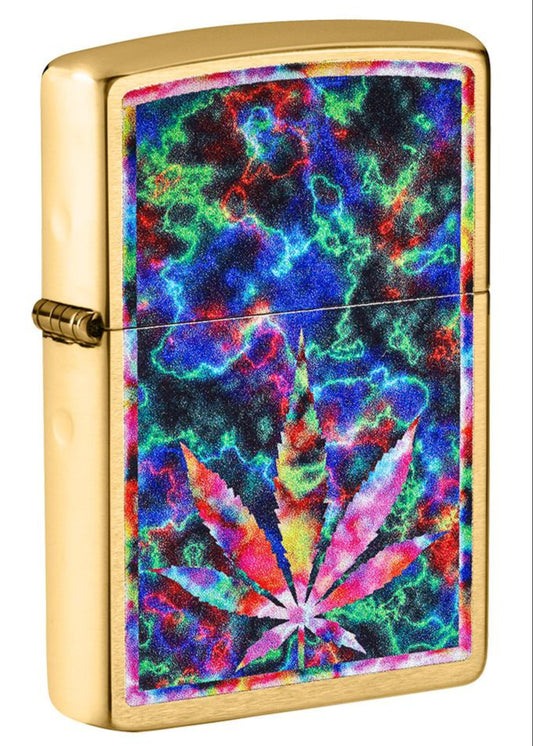Front shot of Leaf Design Brushed Brass Windproof Lighter standing at a 3/4 angle