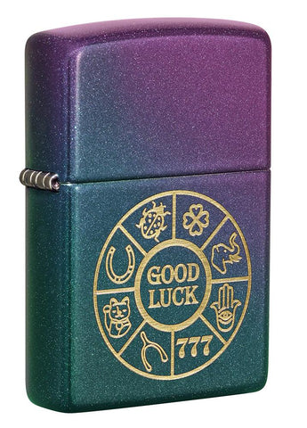 Front shot of Lucky Symbols Design Iridescent Windproof Lighter standing at a 3/4 angle