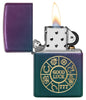 Lucky Symbols Design Iridescent Windproof Lighter with its lid open and lit