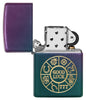 Lucky Symbols Design Iridescent Windproof Lighter with its lid open and unlit