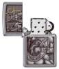 Egyptian Gods Design Street Chrome™ Windproof Lighter with its lid open and unlit