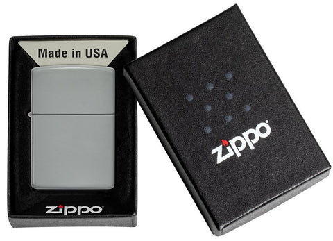 Flat Grey Windproof Lighter in its packaging