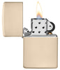 Classic Flat Sand Windproof Lighter with its lid open and lit