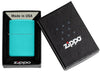 Classic Flat Turquoise Windproof Lighter in its packaging