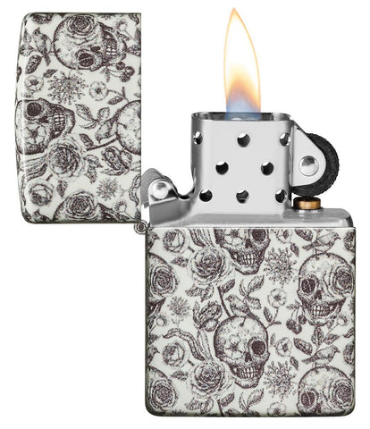 Skeleton Design Glow-In-The-Dark 540 Color Windproof Lighter with its lid open and lit