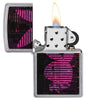 Playboy Neon Pink Striped Rabbit Head Street Chrome™ Windproof Lighter with its lid open and lit.