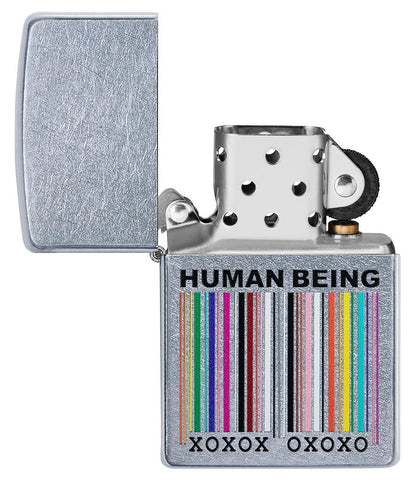 Human Being Design Street Chrome™ Windproof Lighter with its lid open and unlit