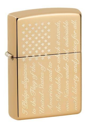 Front shot of Pledge of Allegiance Design High Polish Brass Windproof Lighter standing at a 3/4 angle