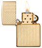 Pledge of Allegiance Design High Polish Brass Windproof Lighter with its lid open and lit