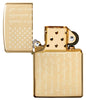Pledge of Allegiance Design High Polish Brass Windproof Lighter with its lid open and unlit