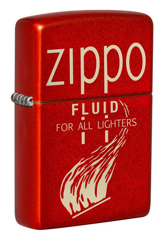 Front shot of Zippo Retro Design Metallic Red Windproof Lighter standing at a 3/4 angle