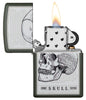 Skull Page Design Green Matte Windproof Lighter with its lid open and lit