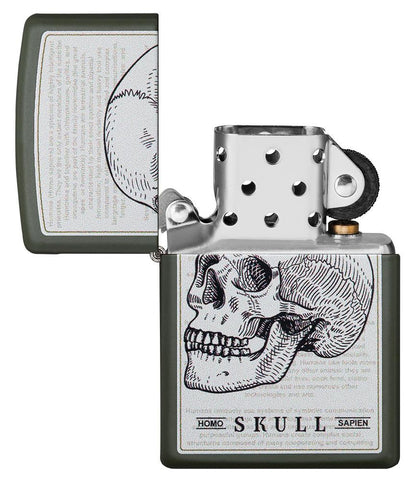 Skull Page Design Green Matte Windproof Lighter with its lid open and unlit