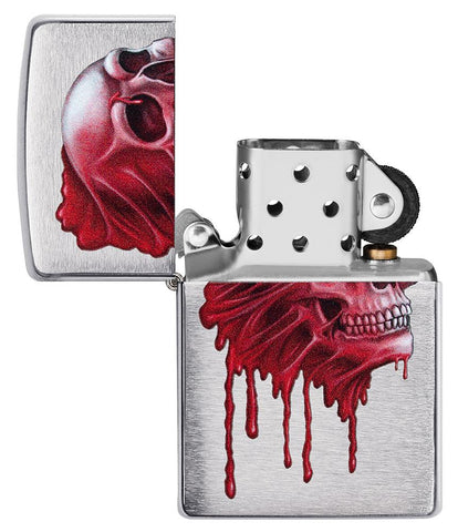 Bloody Skull Design Brushed Chrome Windproof Lighter with its lid open and unlit