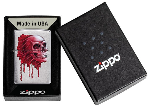 Bloody Skull Design Brushed Chrome Windproof Lighter in its packaing