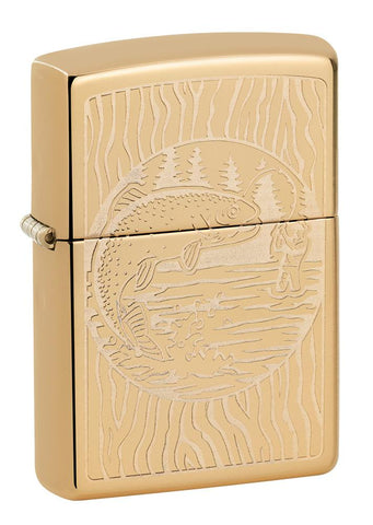 Front shot of Fisherman Design High Polish Brass Windproof Lighter standing at a 3/4 angle