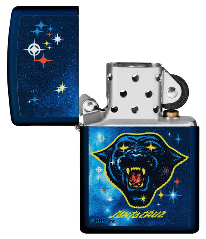 Santa Cruz Panther Navy Matte Windproof Lighter with its lid open and unlit