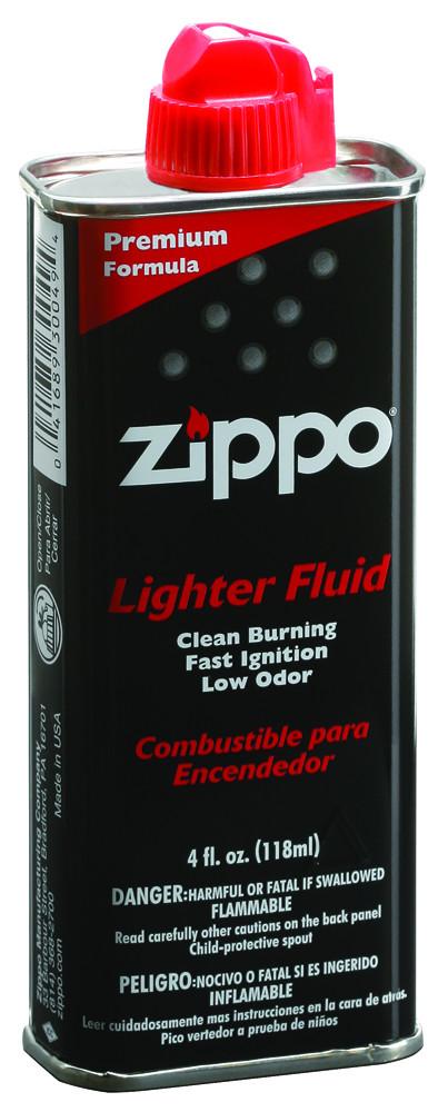 Front of 4 Fluid Ounce Zippo Lighter Fuel standing at a 3/4 angle