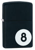 Front shot of Billiards 8-Ball Black Matte Windproof Lighter standing at a 3/4 angle.