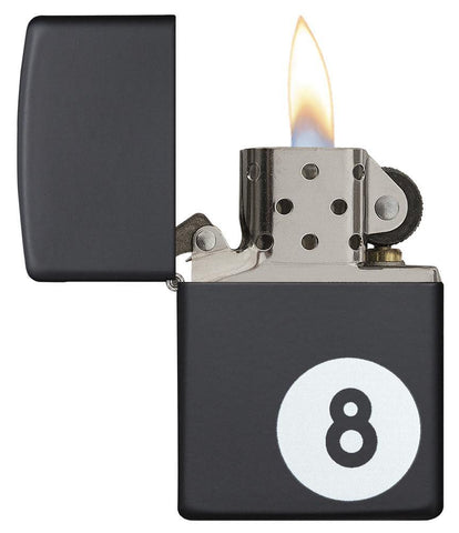 Billiards 8-Ball Black Matte Windproof Lighter with its lid open and lit.