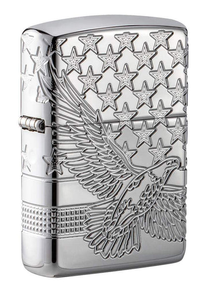 Front view of Patriotic Design High Polish Chrome Windproof Lighter standing at a 3/4 angle