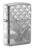 Front view of Patriotic Design High Polish Chrome Windproof Lighter standing at a 3/4 angle
