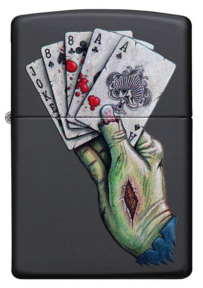 Front view of Dead Mans Hand Design Black Matte Windproof Lighter