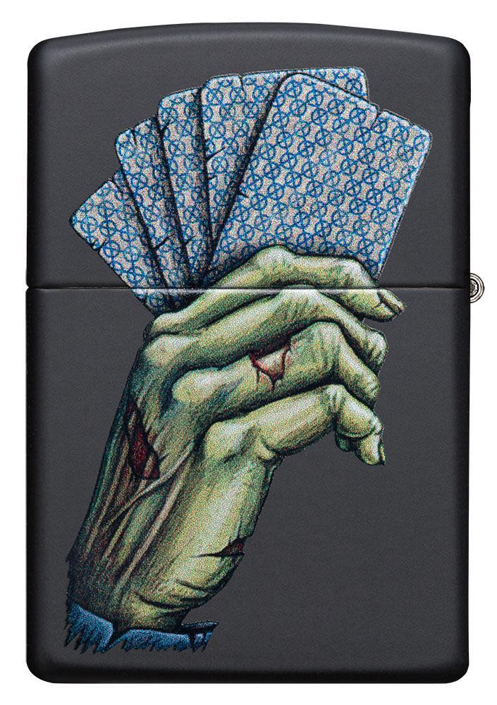 Back view of Dead Mans Hand Design Black Matte Windproof Lighter