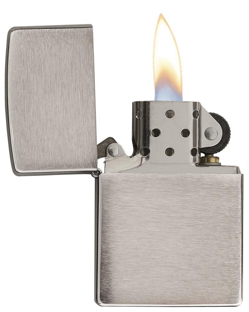 Front view of the Brushed Chrome Lighter open and lit