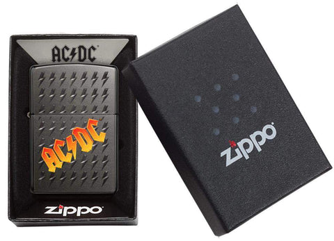 AC/DC® logo Gray Windproof Lighter in its packaging