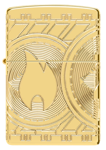 Zippo Lighter Front View Currency Design representing the Zippo flame on a coin with arcs of circles in deep engraving