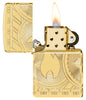 Zippo Lighter Front View  representing the Zippo flame on a coin with arcs of circles in deep engraving Opened and Lit