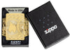 Windproof lighter Currency Design in its premium black packaging showing the Zippo flame on a coin with arcs of circles in deep engraving