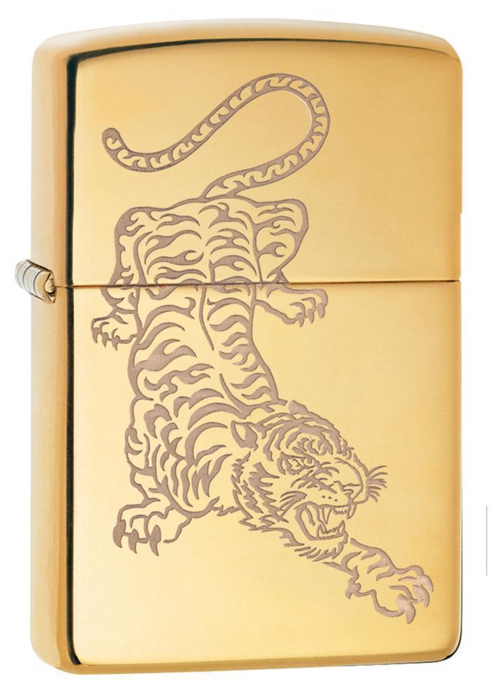 3/4 Angle, High Polish Brass Tiger Design, Lustre Engraved Tiger