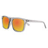 Side view of the Sixty-three Sunglasses transparent frame and orange lenses