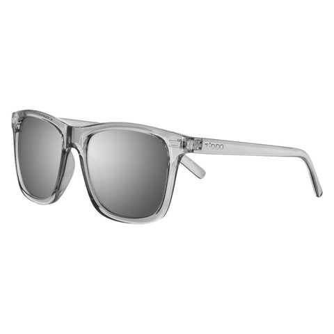Side view of the Sixty-three Sunglasses transparent frame and grey lenses