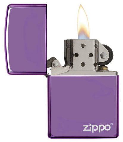 Classic High Polish Purple Zippo Logo with its lid open and lit