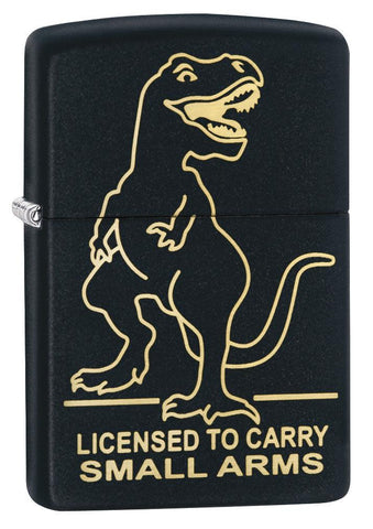 Front shot of Licensed to Carry Small Arms" Dinosaur Engraving Black Matte Lighter standing at a 3/4 angle.