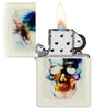 Zippo Skull Print Design Glow in the Dark Matte Windproof Lighter  with its lid open and lit.